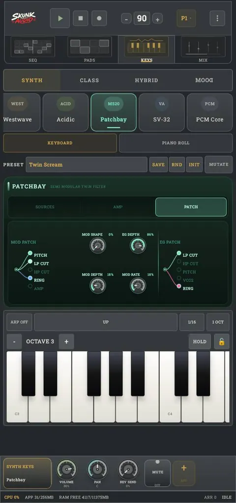Skunk Audio synth keyboard and Patchbay screen