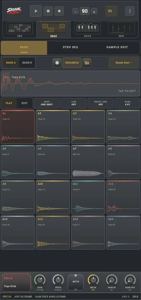 PADS screen in Skunk Audio
