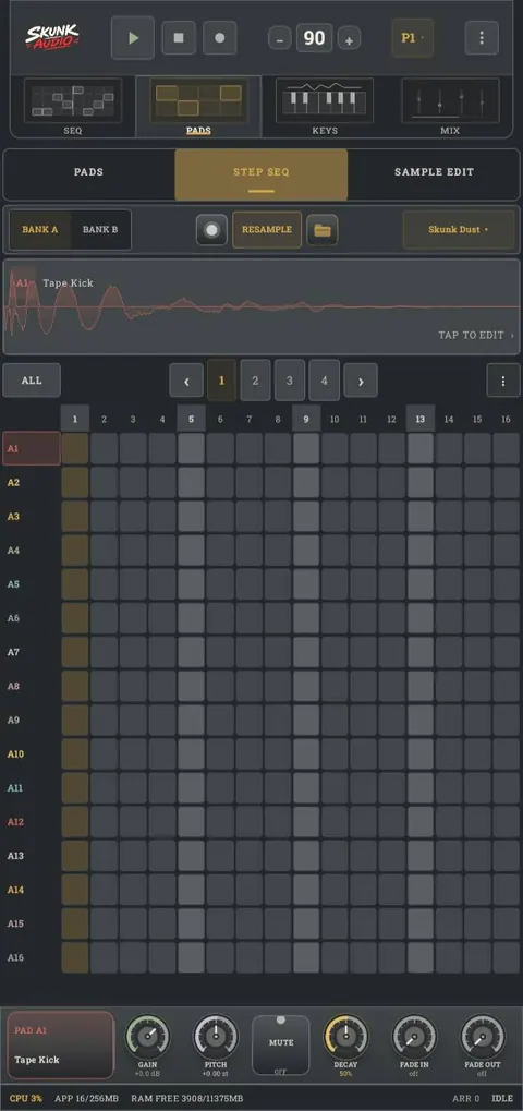 SEQ screen in Skunk Audio
