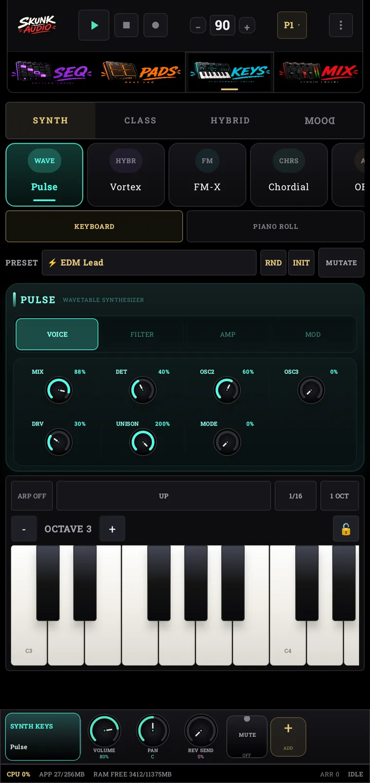The KEYS screen in Skunk Audio
