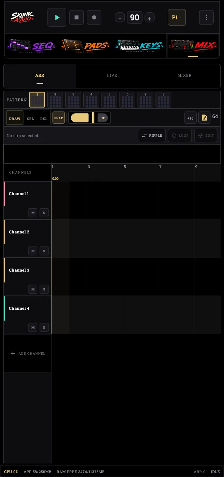 The MIX screen in Skunk Audio